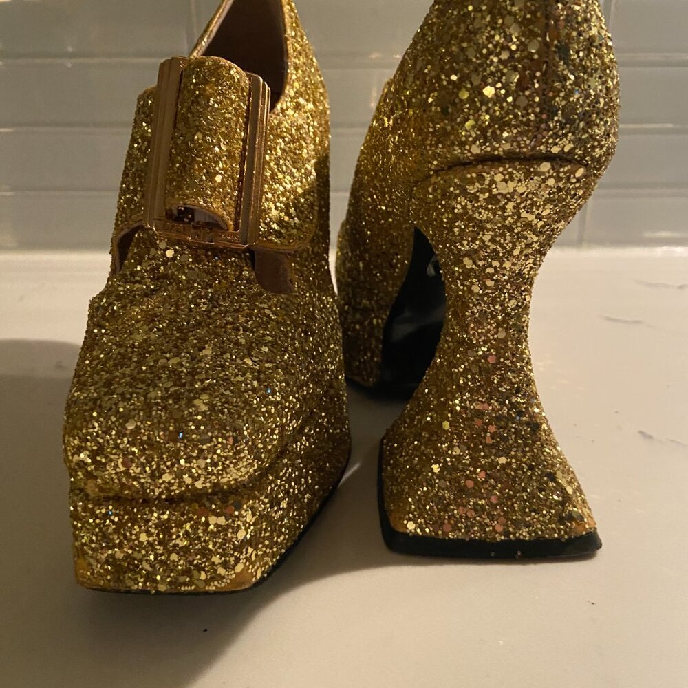 John Fluevog Gold Mega Munster Original Baroque Platform Heels - Picture 16 of 17